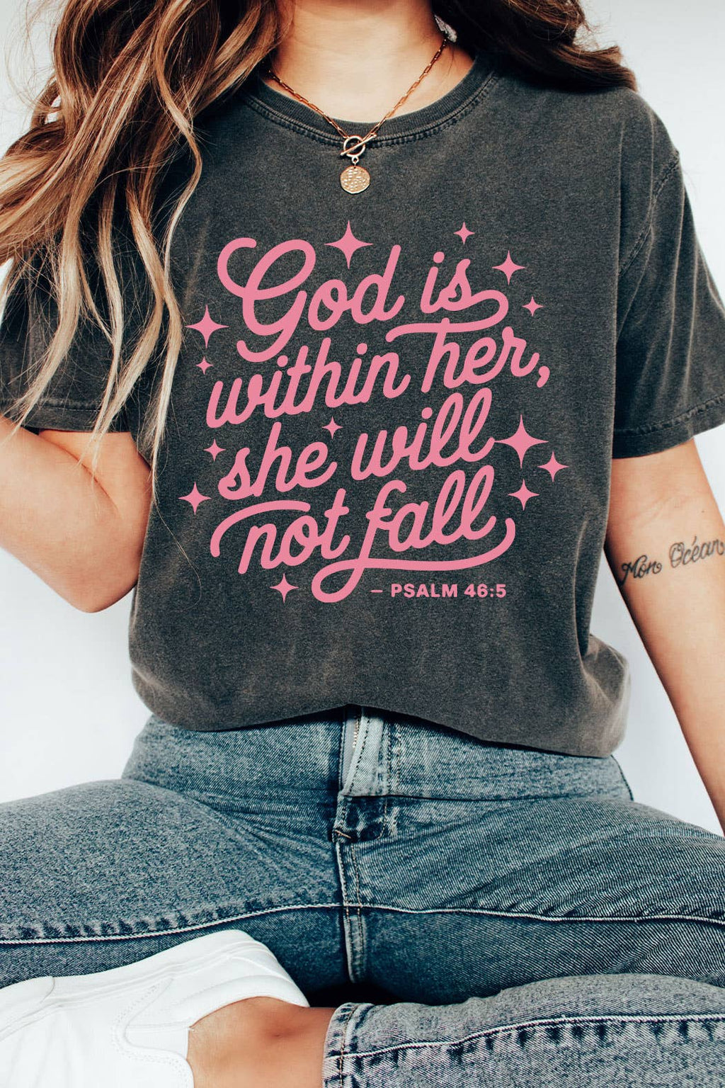 God Is With Her She Will Not Fall Comfort Colors Tee
