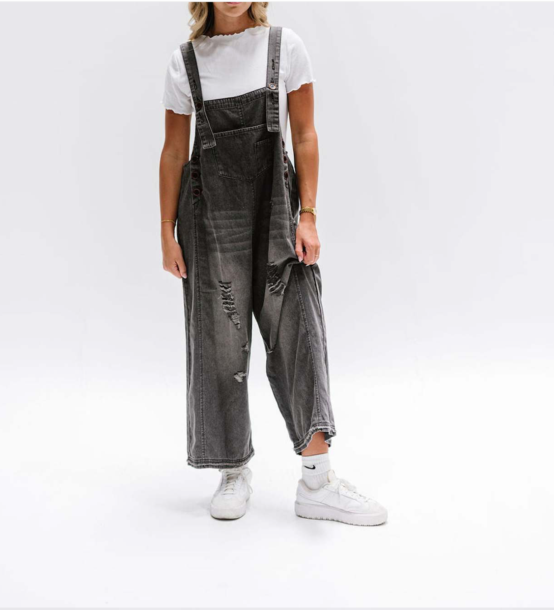 Women's Wide Leg Jumpsuit with Ripped Details Denim Overalls