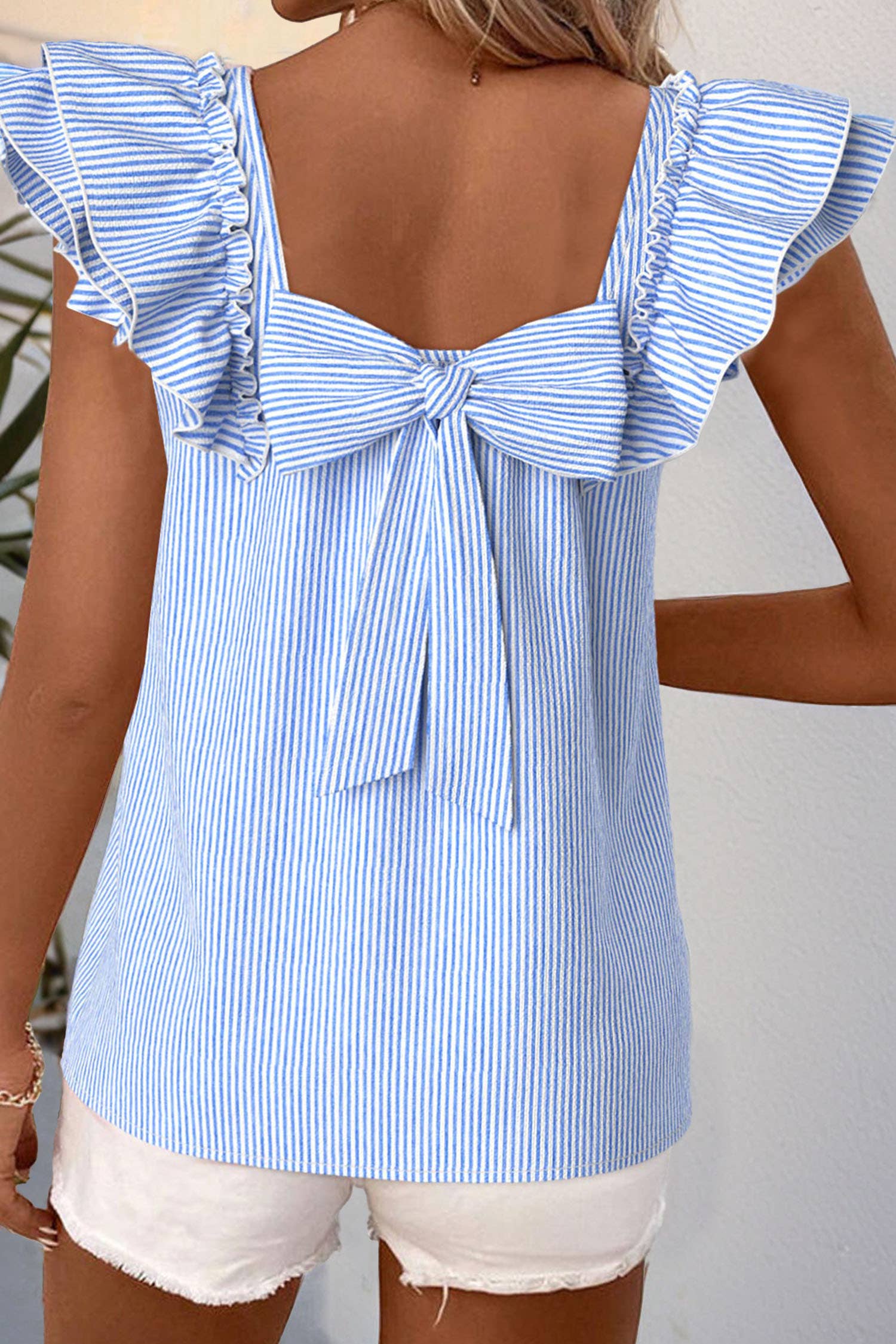 Fashion-W Textured Bow Knot Frilled Butterfly Sleeve Blouse