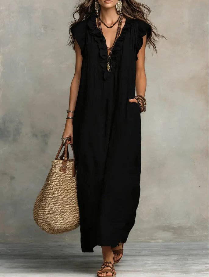 V Neck Bohemian Flutter Sleeve Flowy Boho Maxi Dress
