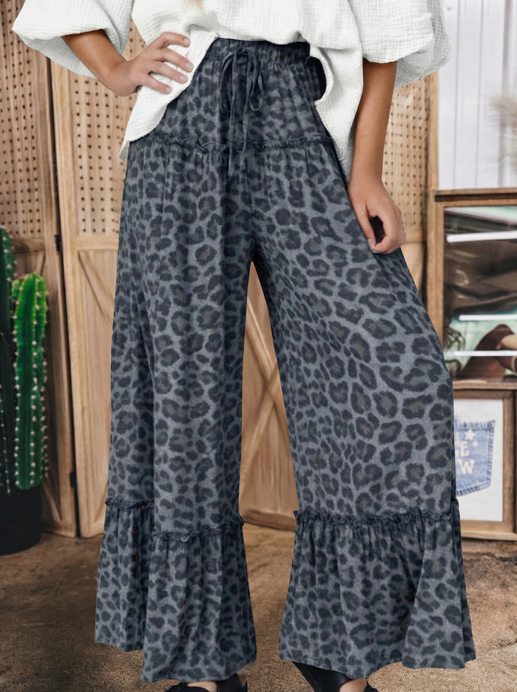 Western Leopard/camo Print Frilled Detail Drawstring Pants