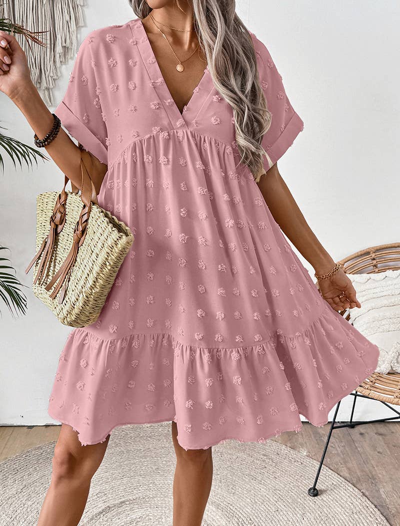 Textured V-Neck Short Sleeve Dress