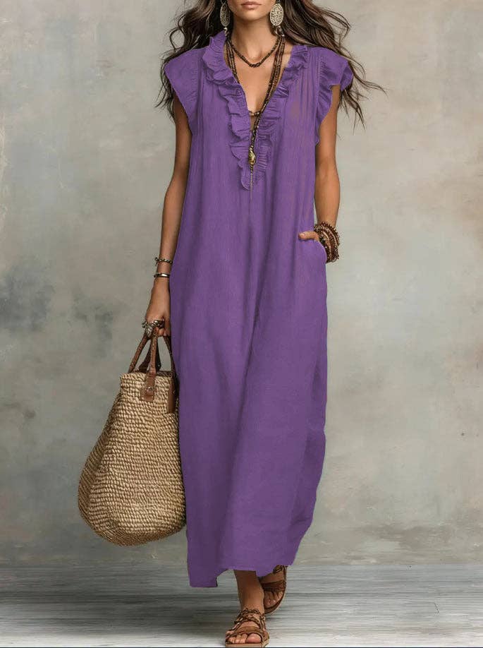 V Neck Bohemian Flutter Sleeve Flowy Boho Maxi Dress