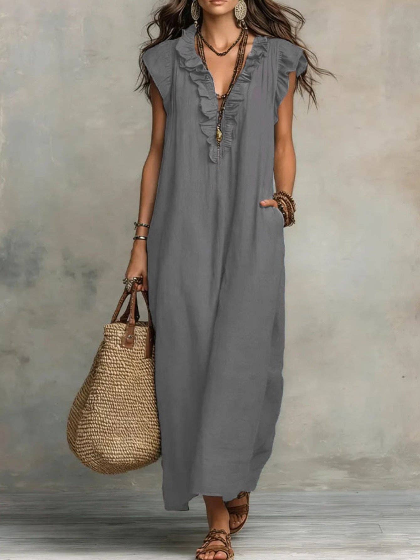 V Neck Bohemian Flutter Sleeve Flowy Boho Maxi Dress