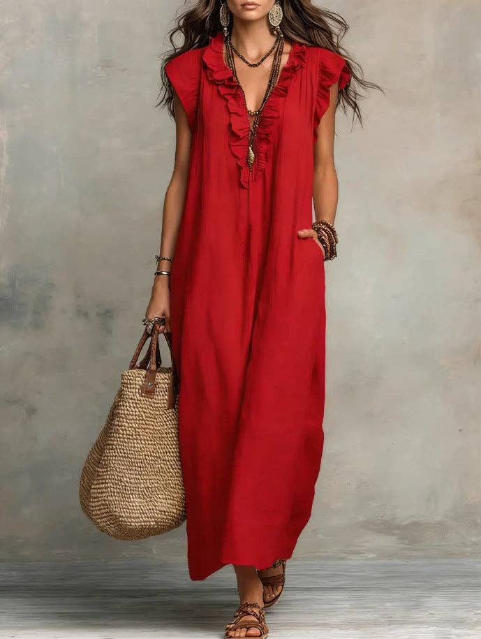 V Neck Bohemian Flutter Sleeve Flowy Boho Maxi Dress