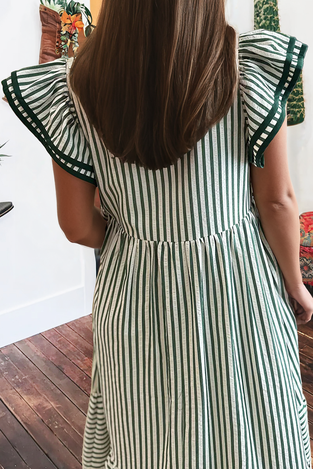 Stripe Ruffled Short Sleeve Contrast Trim V Neck Midi Dress