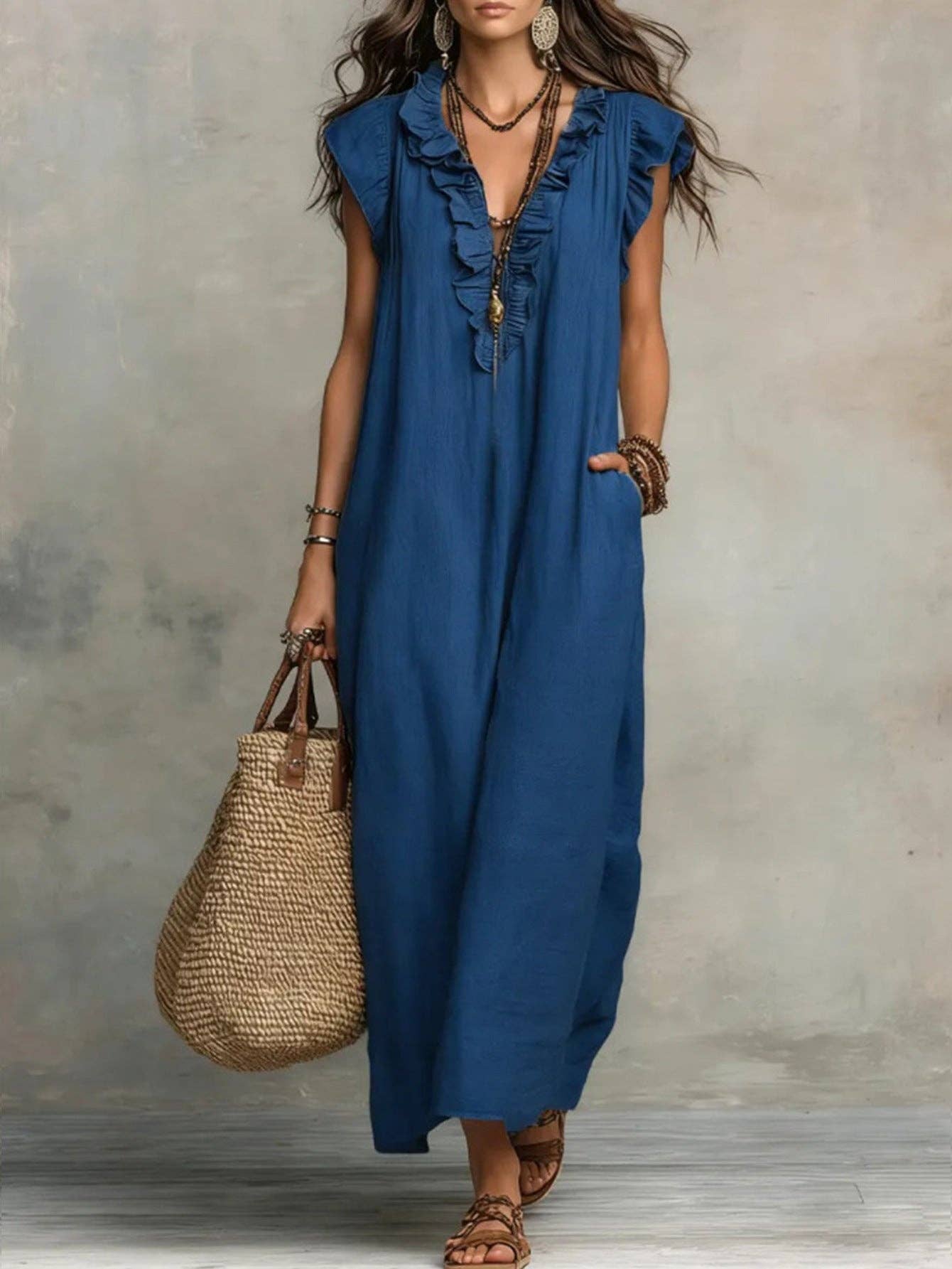V Neck Bohemian Flutter Sleeve Flowy Boho Maxi Dress