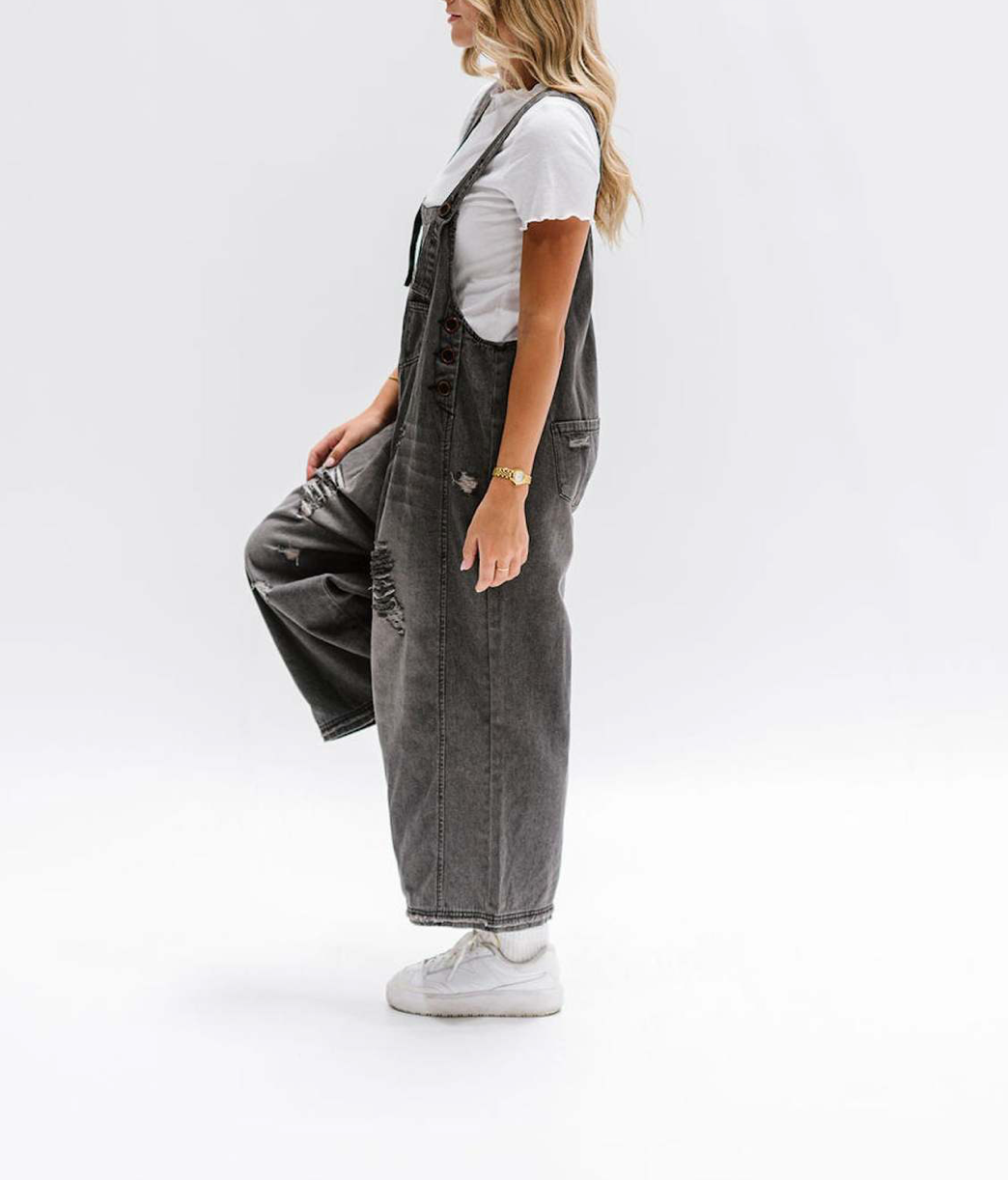Women's Wide Leg Jumpsuit with Ripped Details Denim Overalls