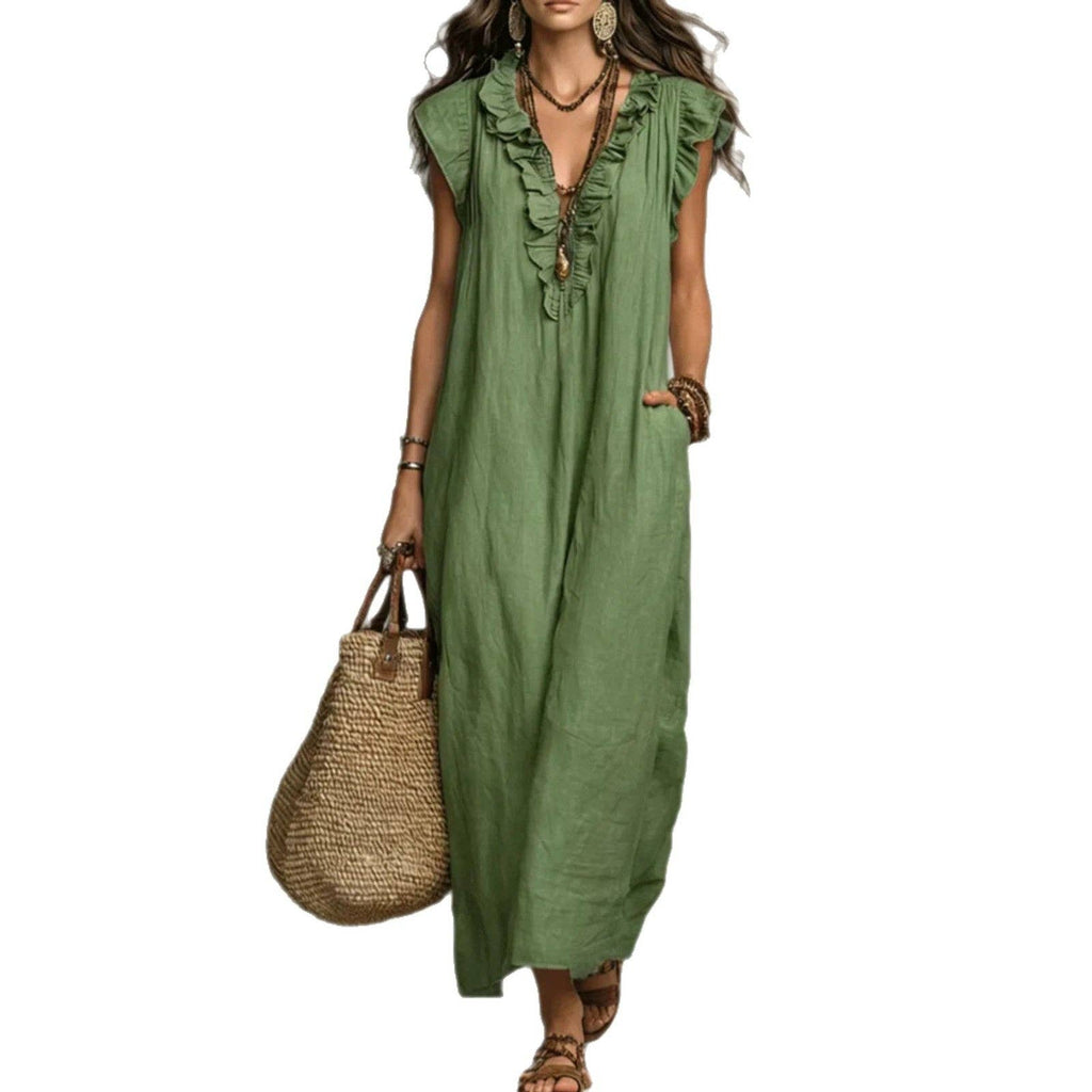 V Neck Bohemian Flutter Sleeve Flowy Boho Maxi Dress