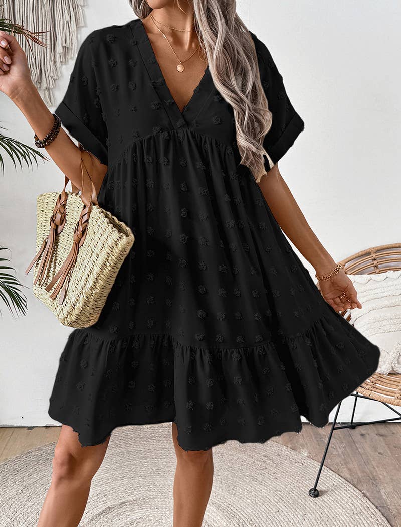 Textured V-Neck Short Sleeve Dress
