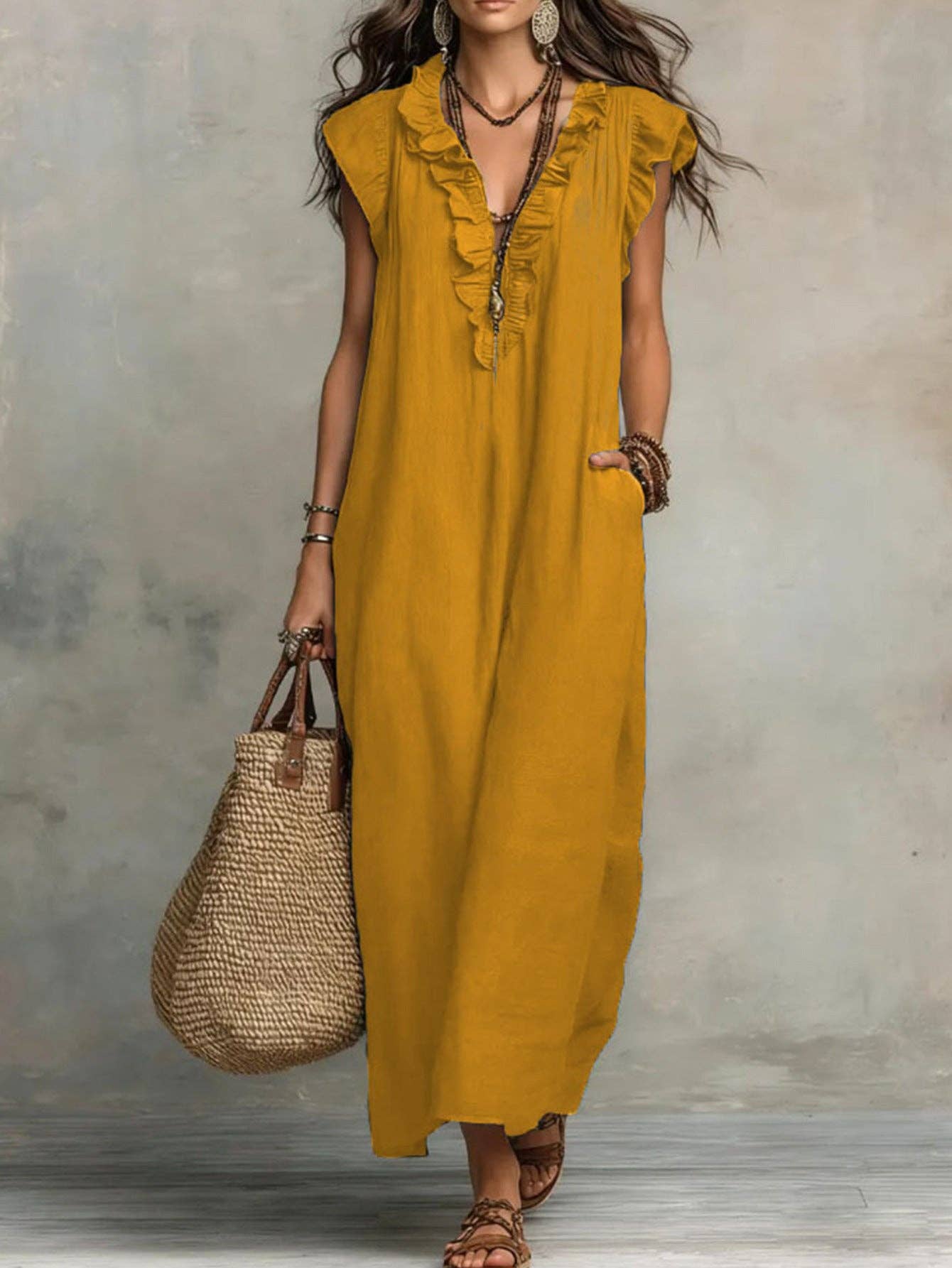 V Neck Bohemian Flutter Sleeve Flowy Boho Maxi Dress