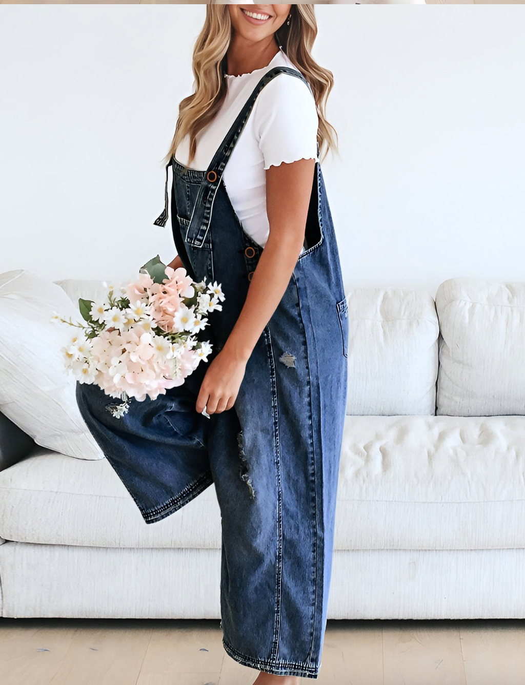 Women's Wide Leg Jumpsuit with Ripped Details Denim Overalls