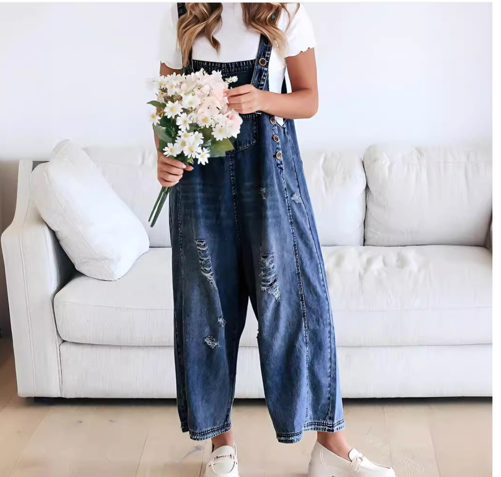 Women's Wide Leg Jumpsuit with Ripped Details Denim Overalls