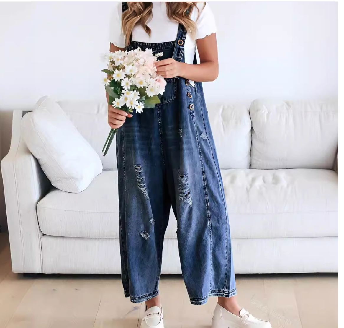 Women's Wide Leg Jumpsuit with Ripped Details Denim Overalls