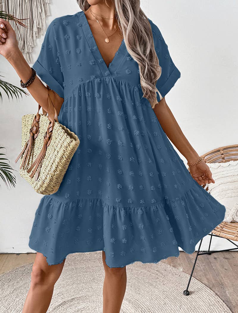 Textured V-Neck Short Sleeve Dress