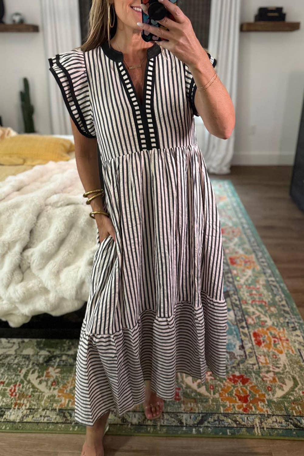 Stripe Ruffled Short Sleeve Contrast Trim V Neck Midi Dress