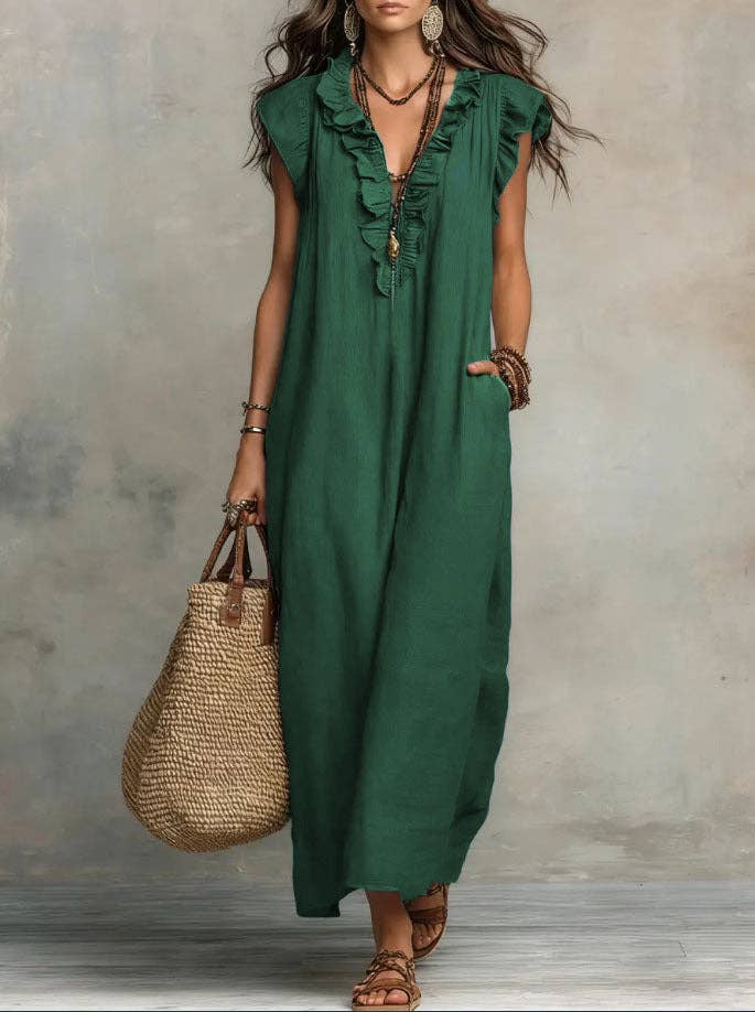 V Neck Bohemian Flutter Sleeve Flowy Boho Maxi Dress