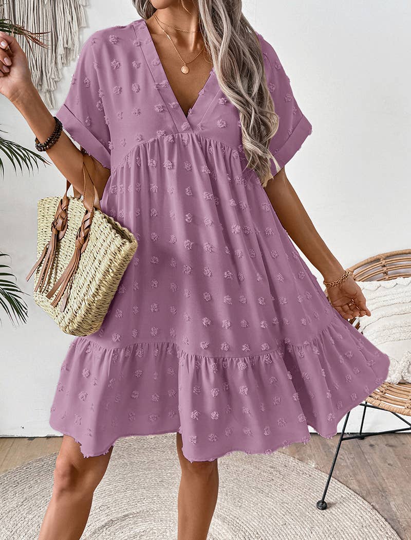 Textured V-Neck Short Sleeve Dress