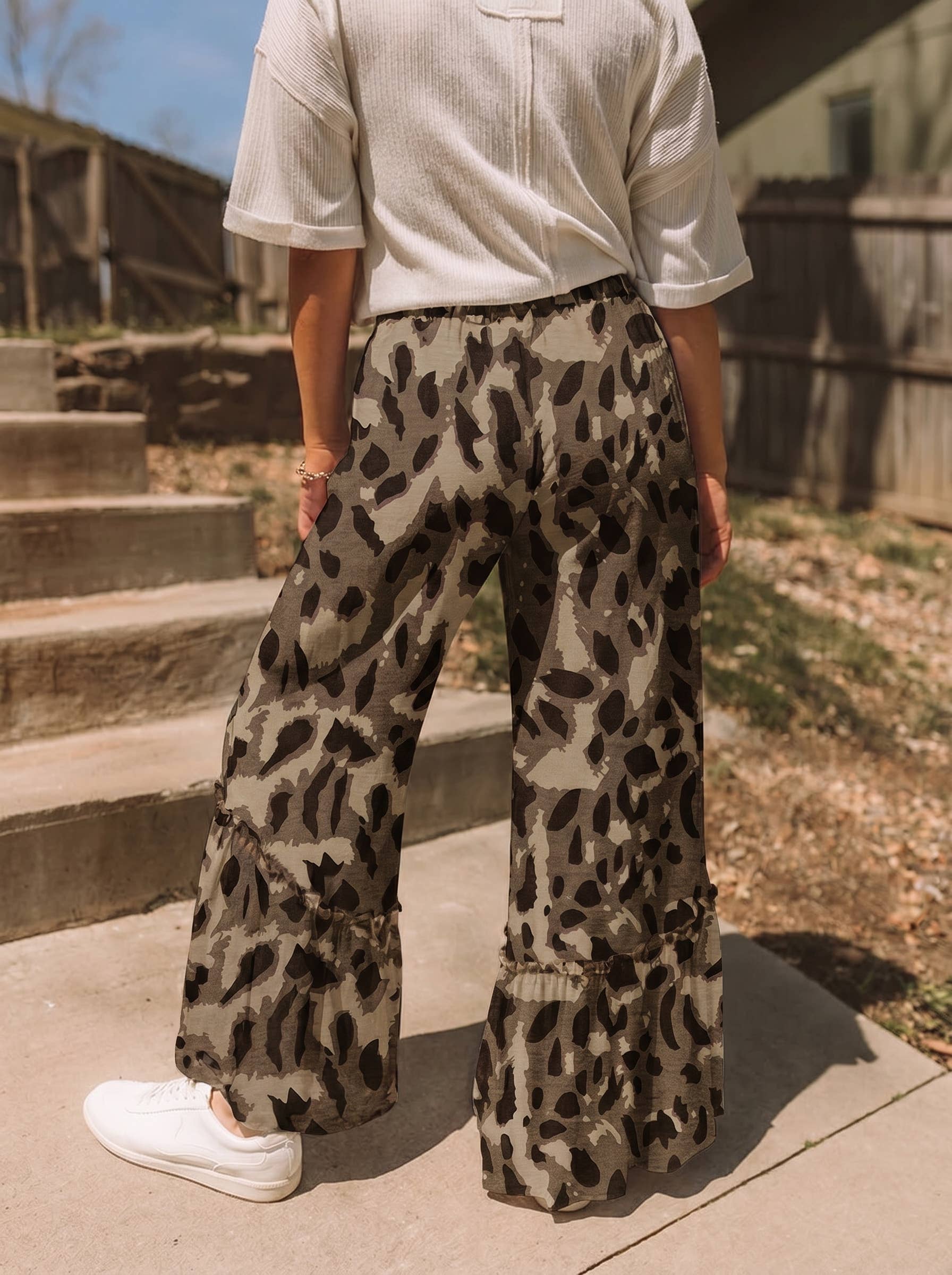 Western Leopard/camo Print Frilled Detail Drawstring Pants