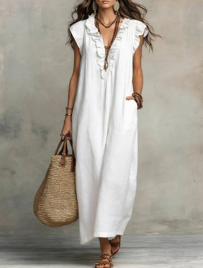 V Neck Bohemian Flutter Sleeve Flowy Boho Maxi Dress