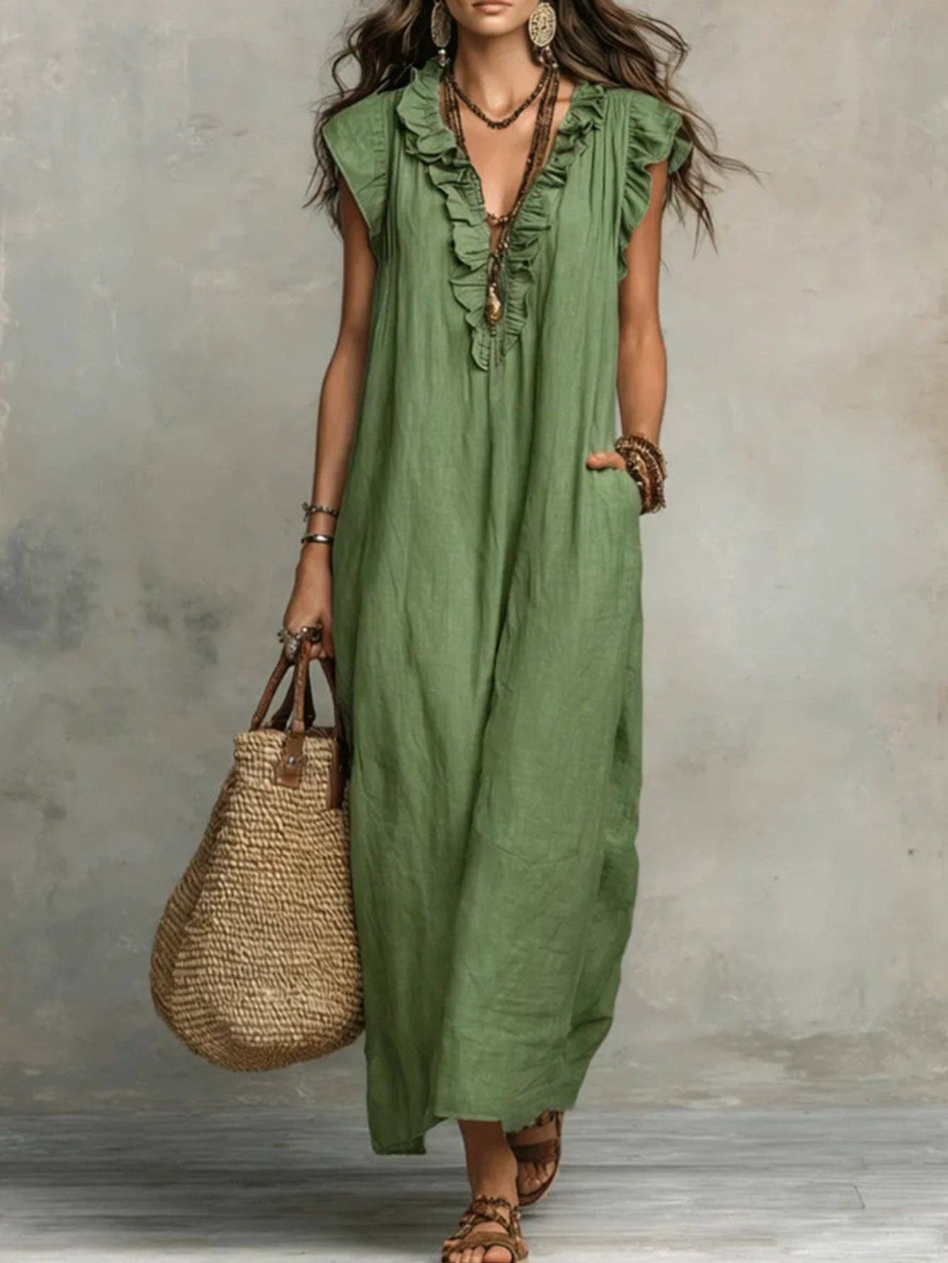 V Neck Bohemian Flutter Sleeve Flowy Boho Maxi Dress