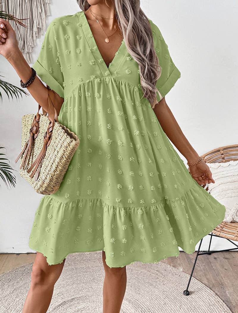 Textured V-Neck Short Sleeve Dress