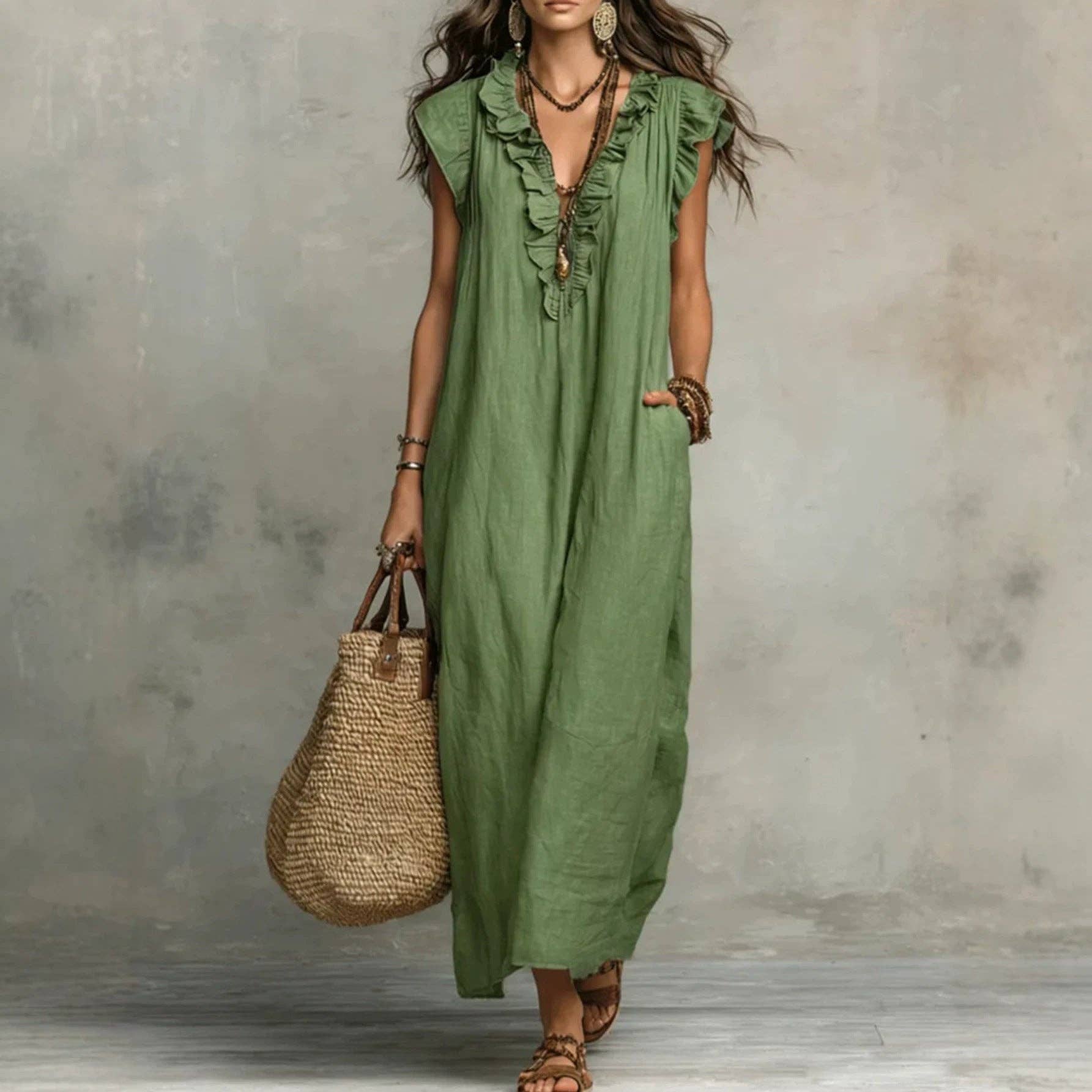 V Neck Bohemian Flutter Sleeve Flowy Boho Maxi Dress