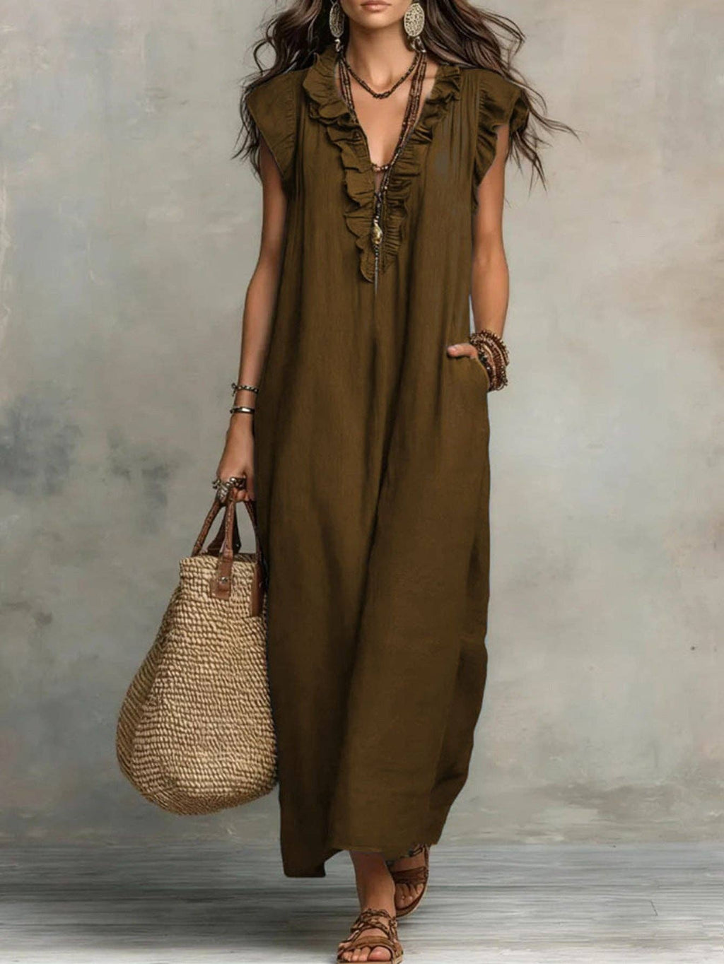 V Neck Bohemian Flutter Sleeve Flowy Boho Maxi Dress