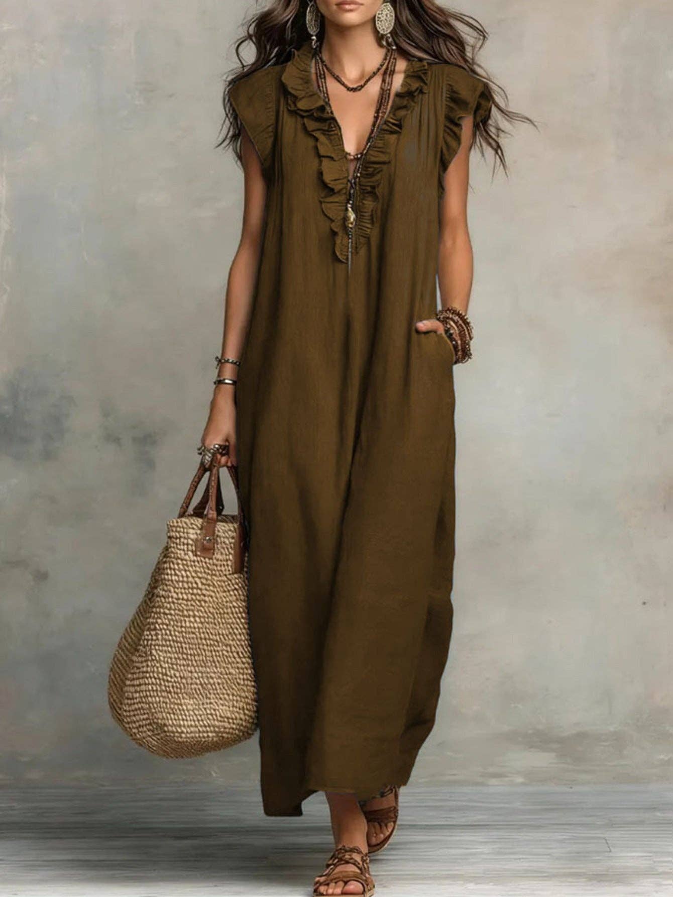 V Neck Bohemian Flutter Sleeve Flowy Boho Maxi Dress