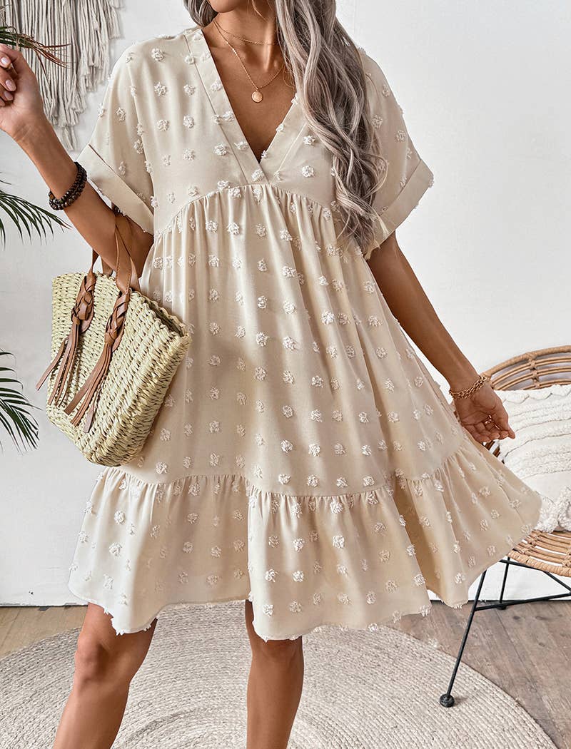 Textured V-Neck Short Sleeve Dress