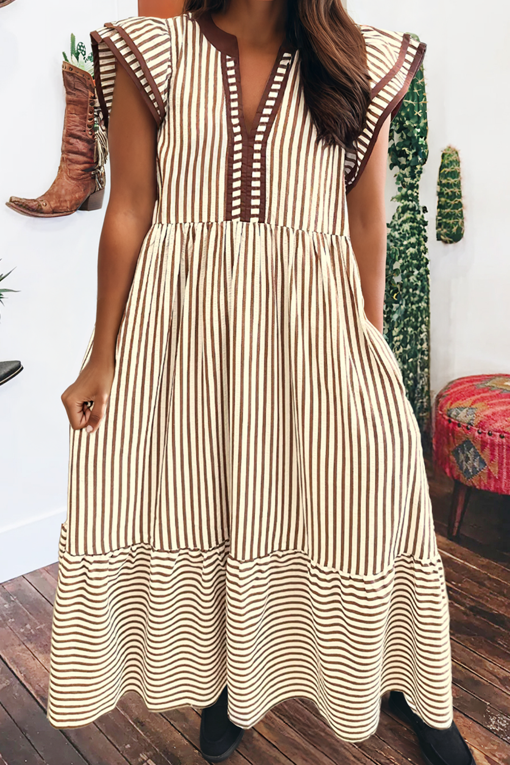 Stripe Ruffled Short Sleeve Contrast Trim V Neck Midi Dress