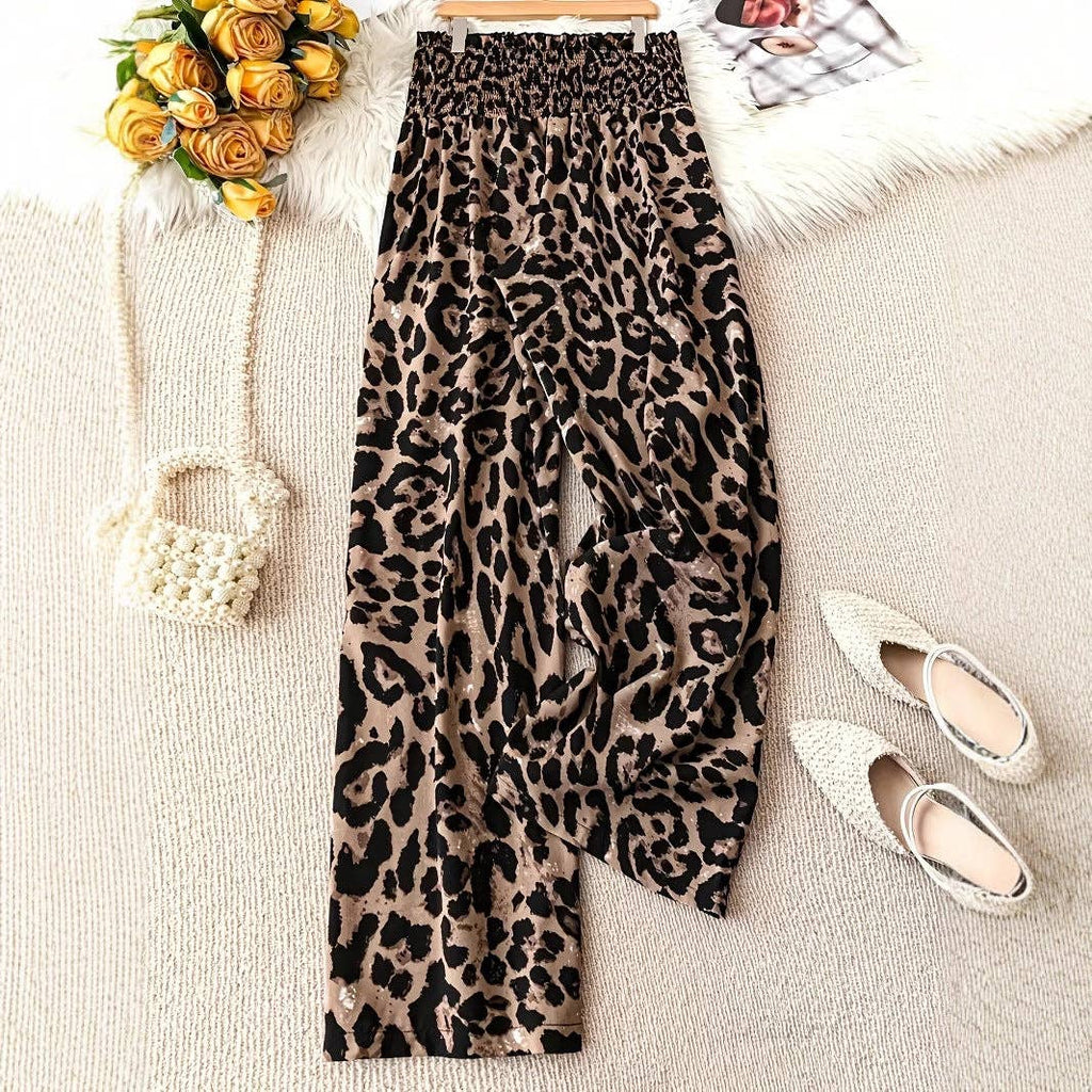 Leopard Print Wide Leg Elastic Waist Casual Pant