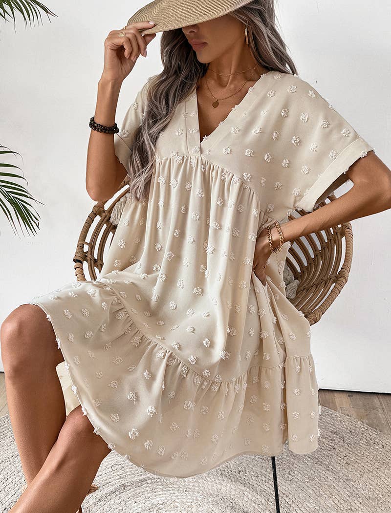 Textured V-Neck Short Sleeve Dress