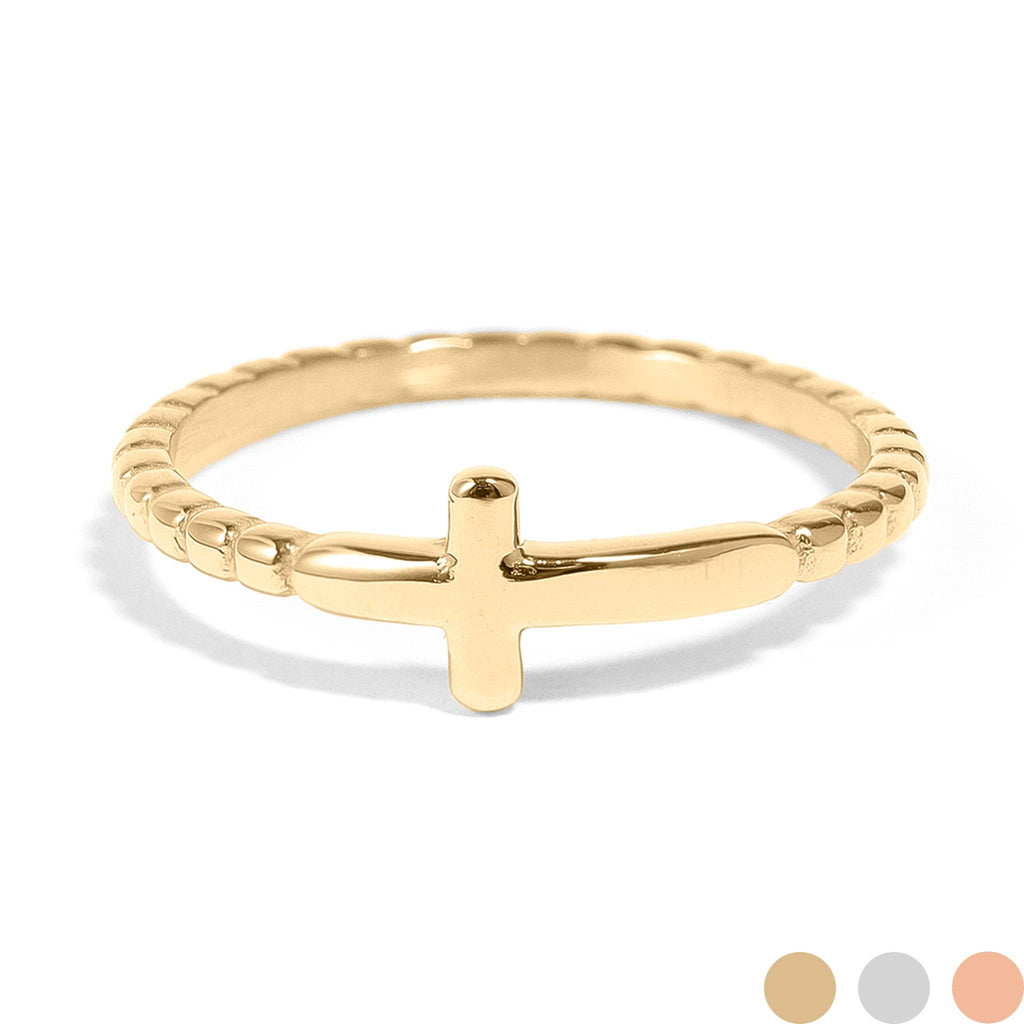 Stainless Steel Beaded Stackable Cross Ring