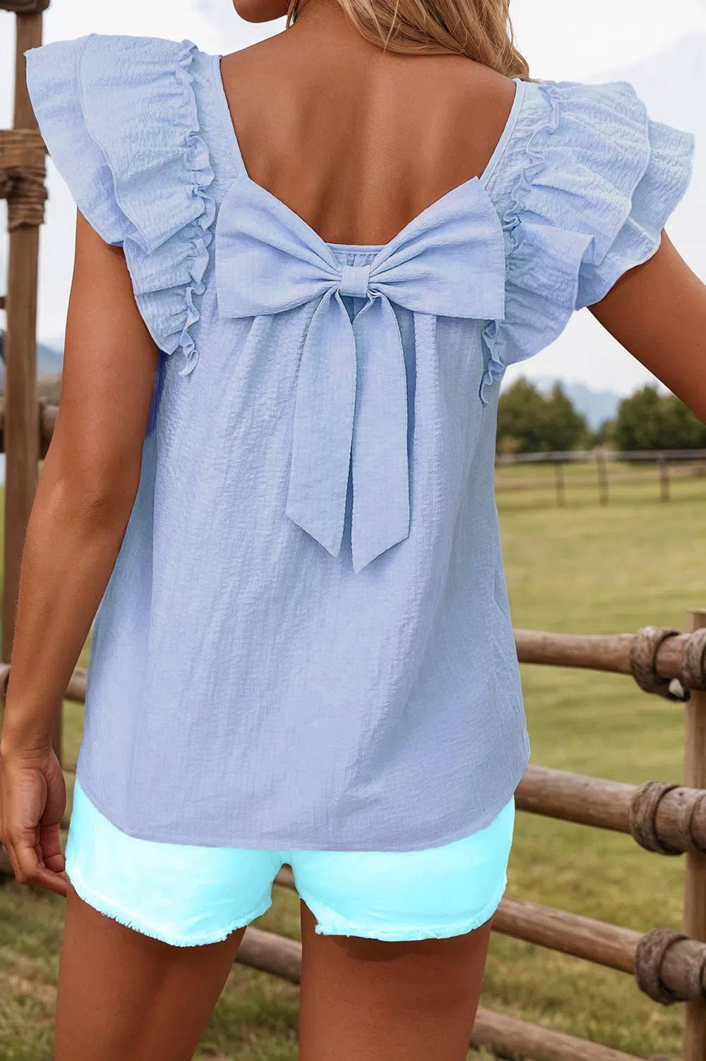 Fashion-W Textured Bow Knot Frilled Butterfly Sleeve Blouse