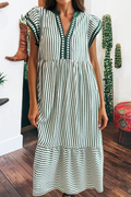 Stripe Ruffled Short Sleeve Contrast Trim V Neck Midi Dress