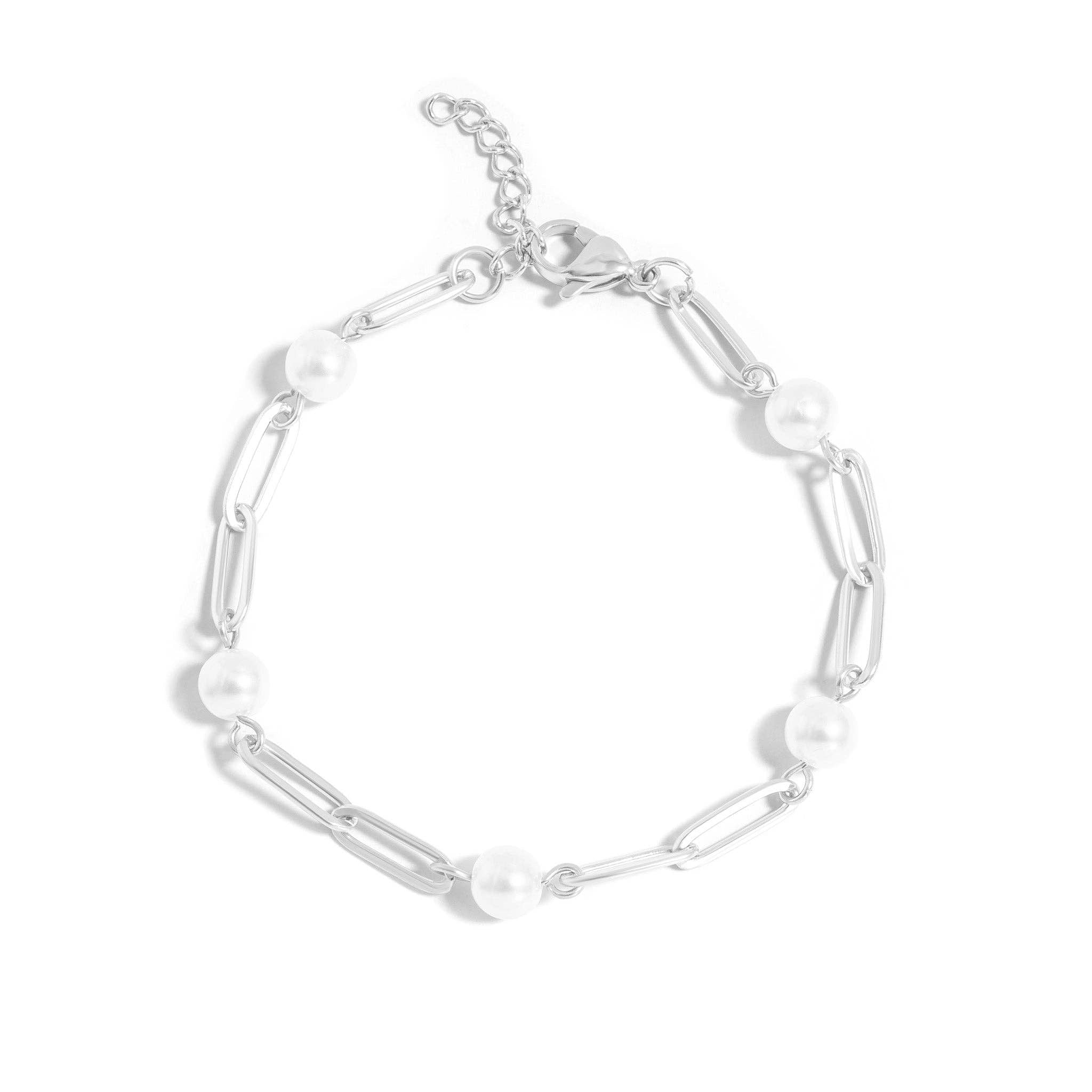 18K Gold PVD Steel Station Pearl Paperclip Chain Bracelet