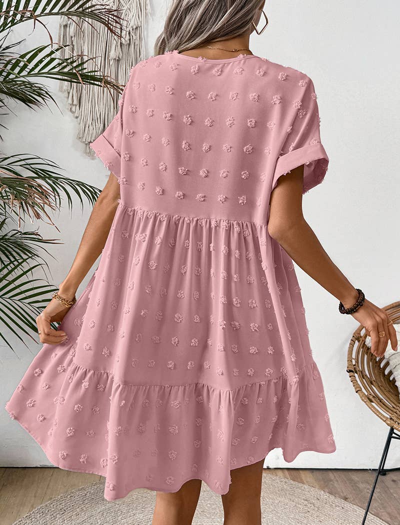 Textured V-Neck Short Sleeve Dress