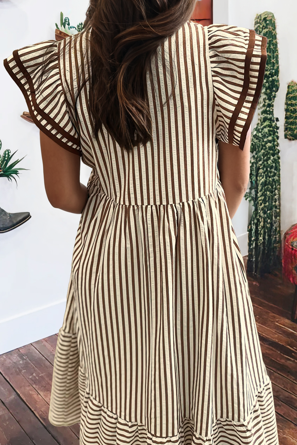 Stripe Ruffled Short Sleeve Contrast Trim V Neck Midi Dress