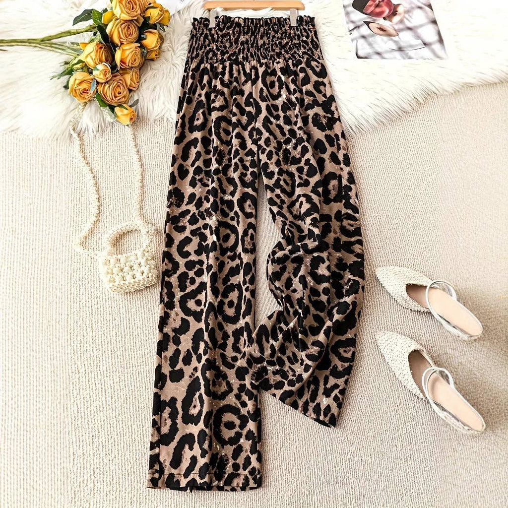 Leopard Print Wide Leg Elastic Waist Casual Pant